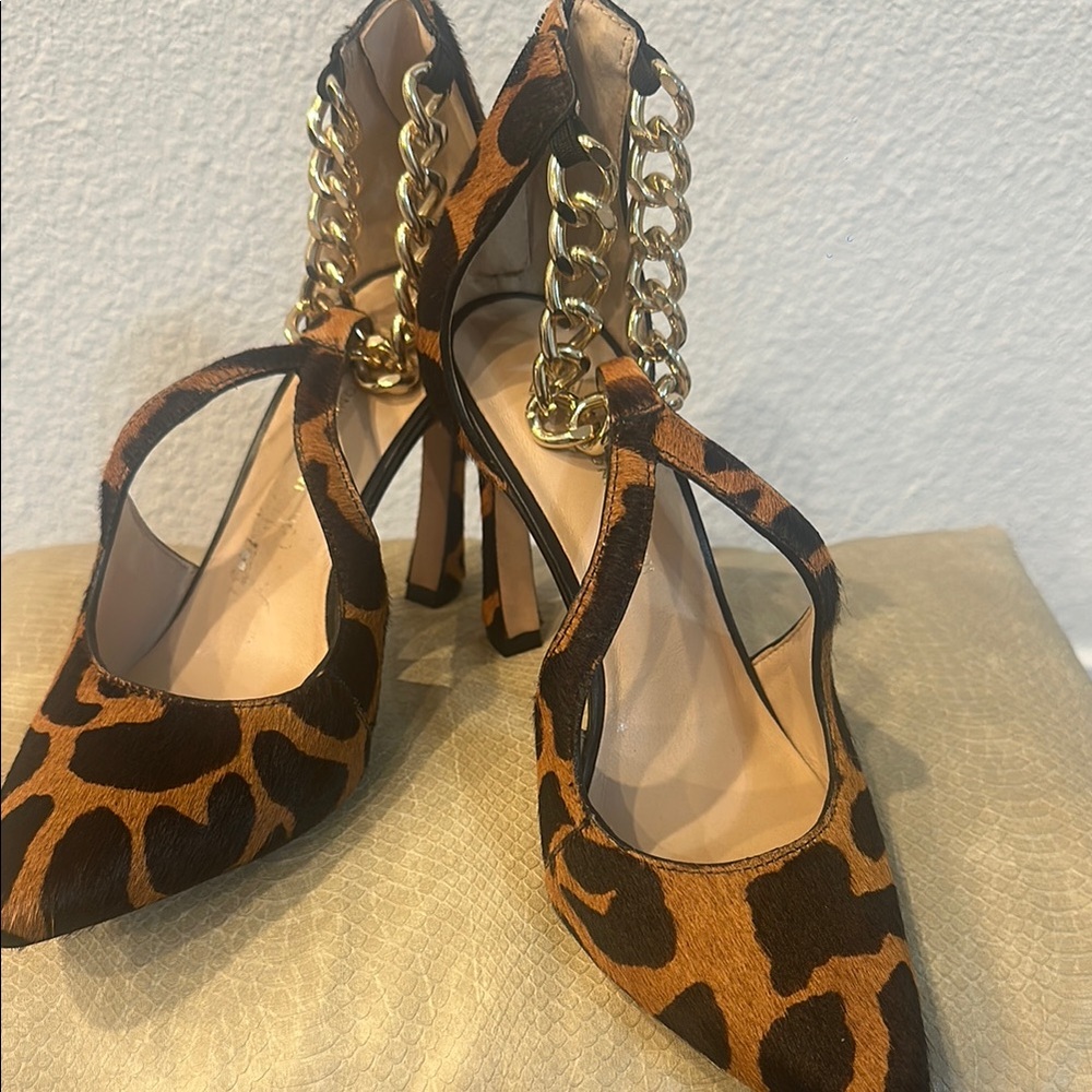 Leopard Print Calf Hair Chain Strap Heels